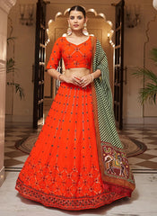 Georgette Thread with Sequince Embroidered work Lehenga In Orange