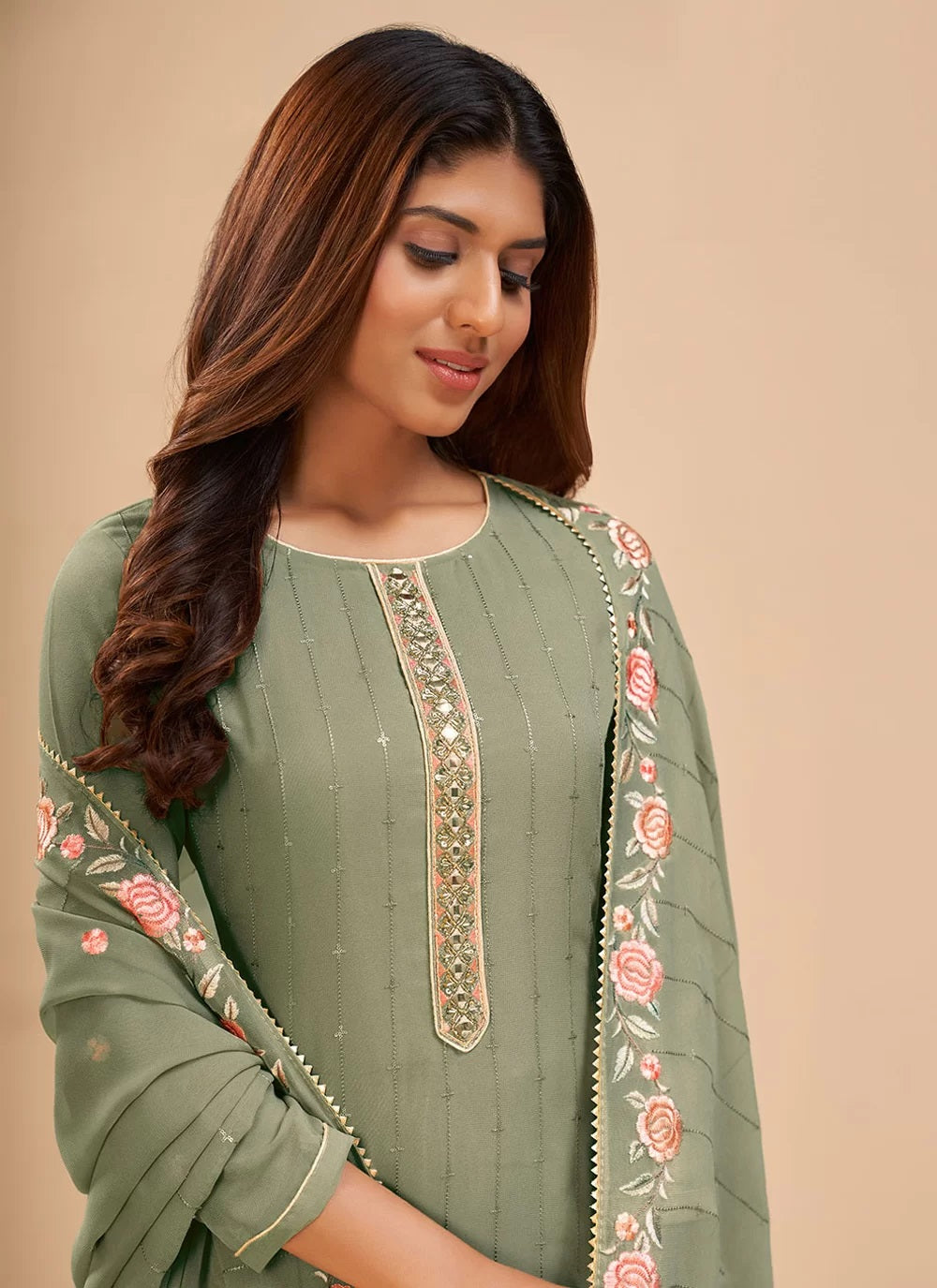Georgette Trendy Pakistani Suit In Dusty Green