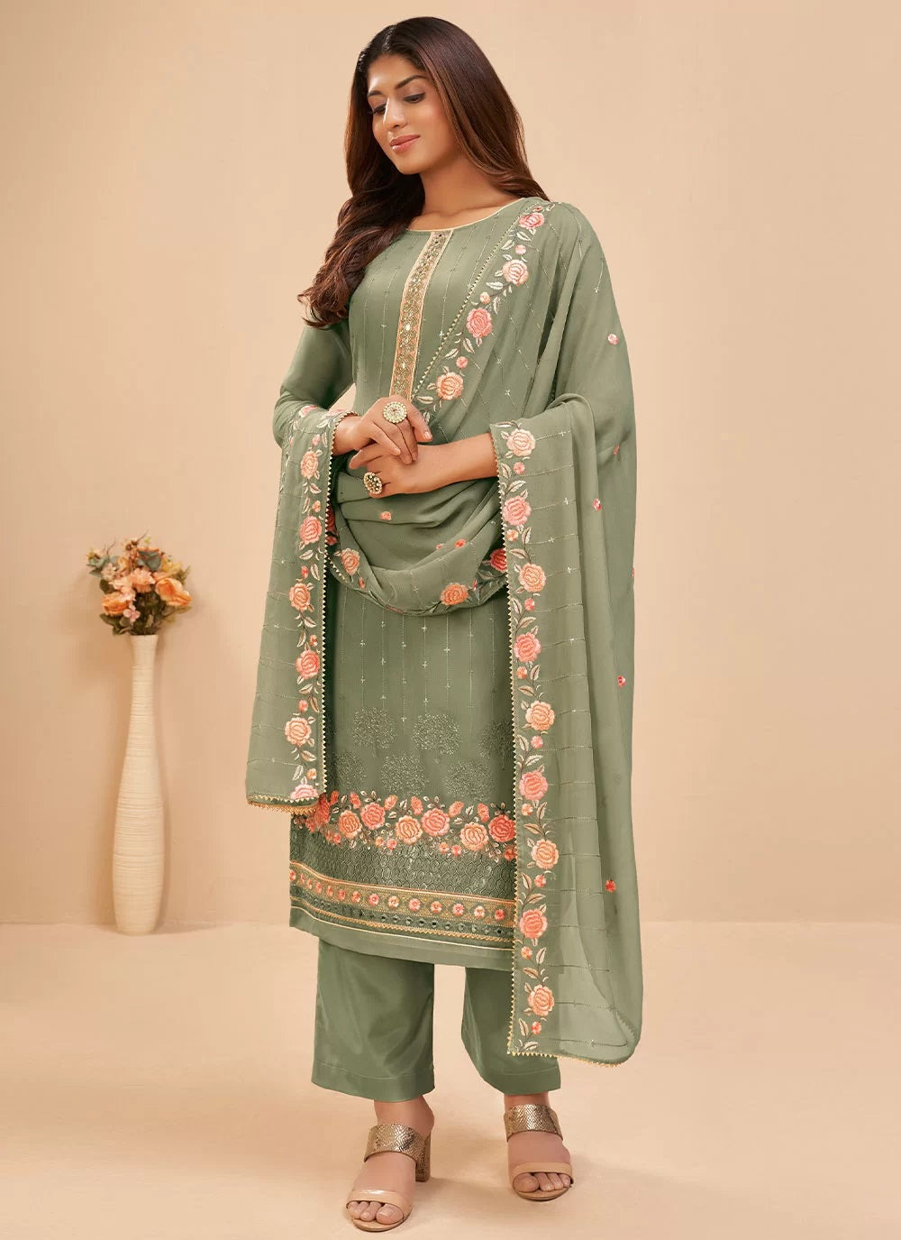 Georgette Trendy Pakistani Suit In Dusty Green
