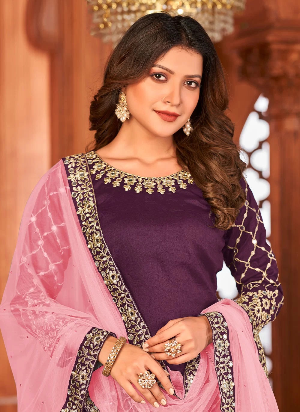 Glass Work Art Silk Designer Punjabi Suit In Purple