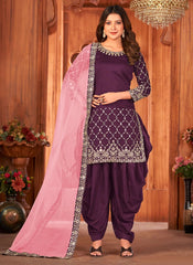 Glass Work Art Silk Designer Punjabi Suit In Purple