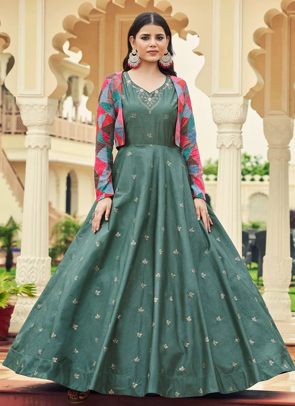 Green Cotton Sequins Embroidered Koti Style Anarkali Gown