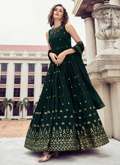 Green Elegant Thread and Sequince Embroidered Anarkali Gown