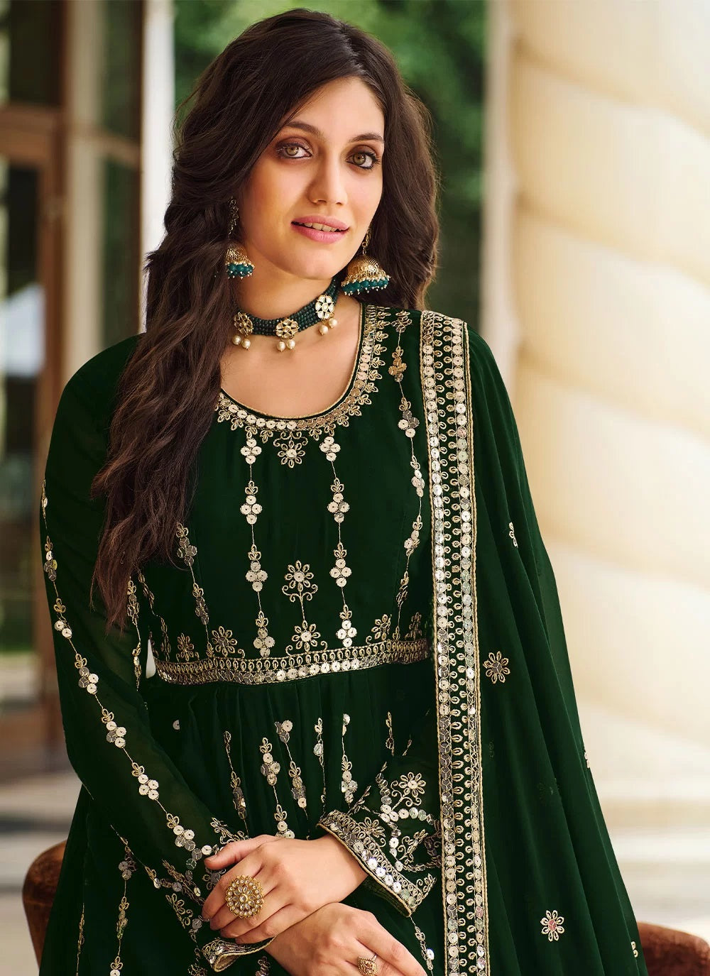 Green Embroidered Georgette Anarkali Style Suit