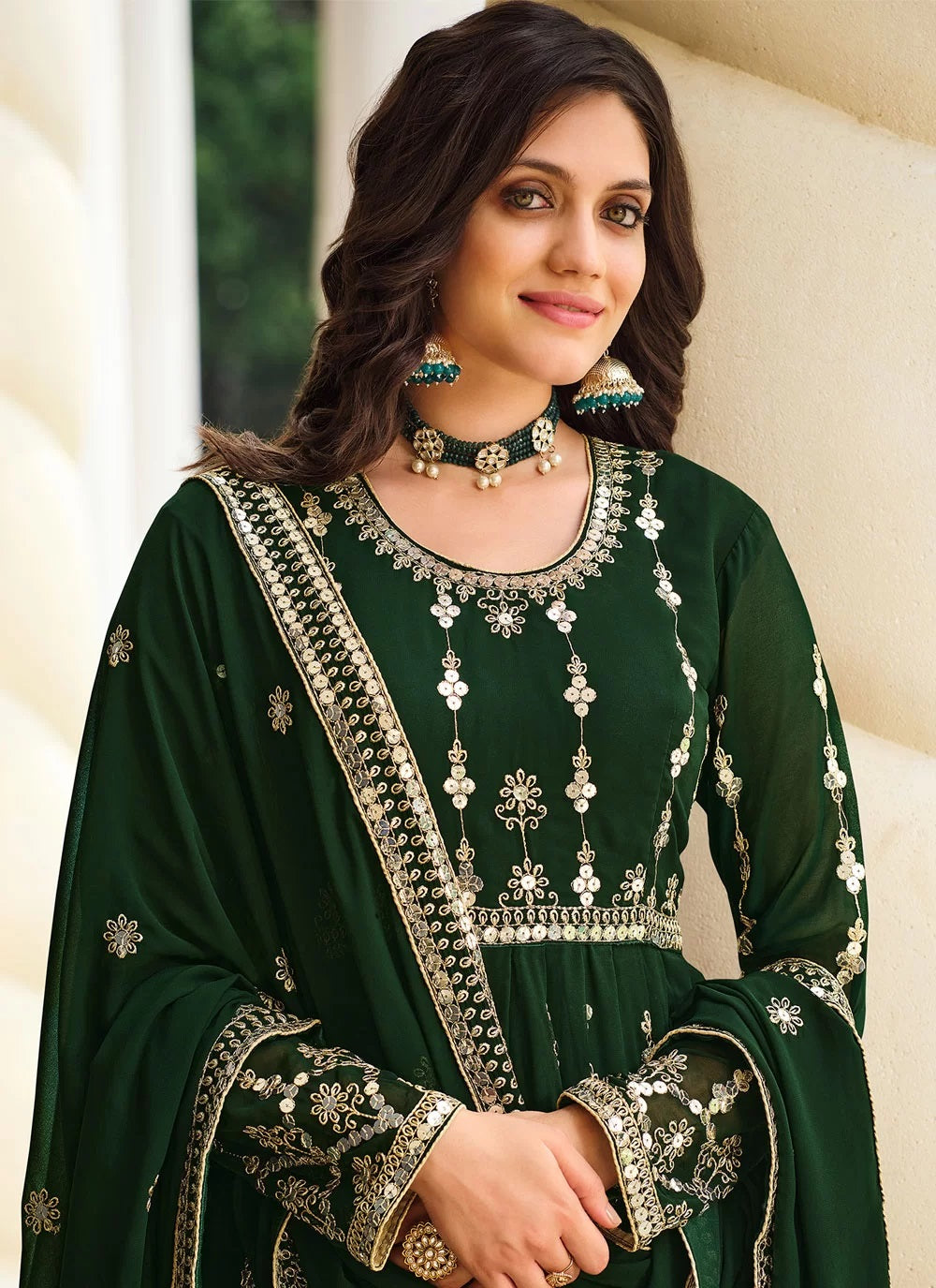 Green Embroidered Georgette Anarkali Style Suit