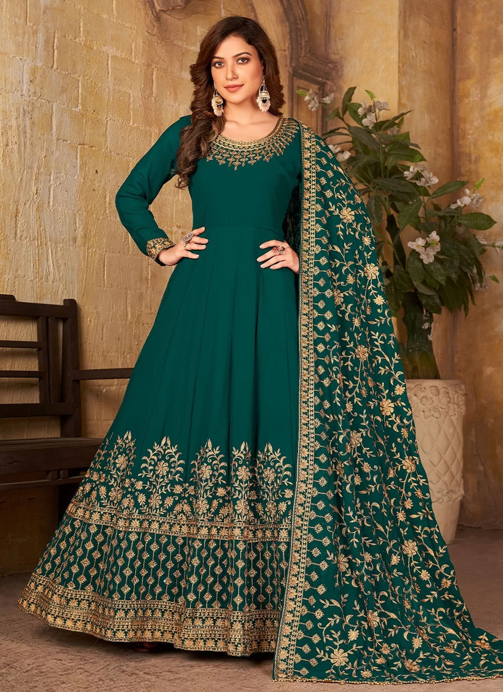 Green Embroidered Work Adorable Anarkali Suit In Georgette Fabric