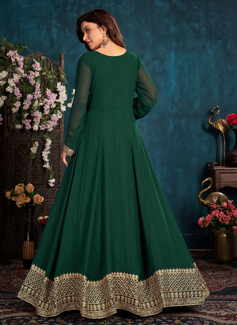 Green Faux Georgette Long Anarkali Suit