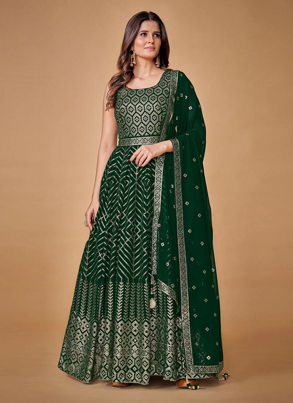 Green Georgette Sequins Work Readymade Gown