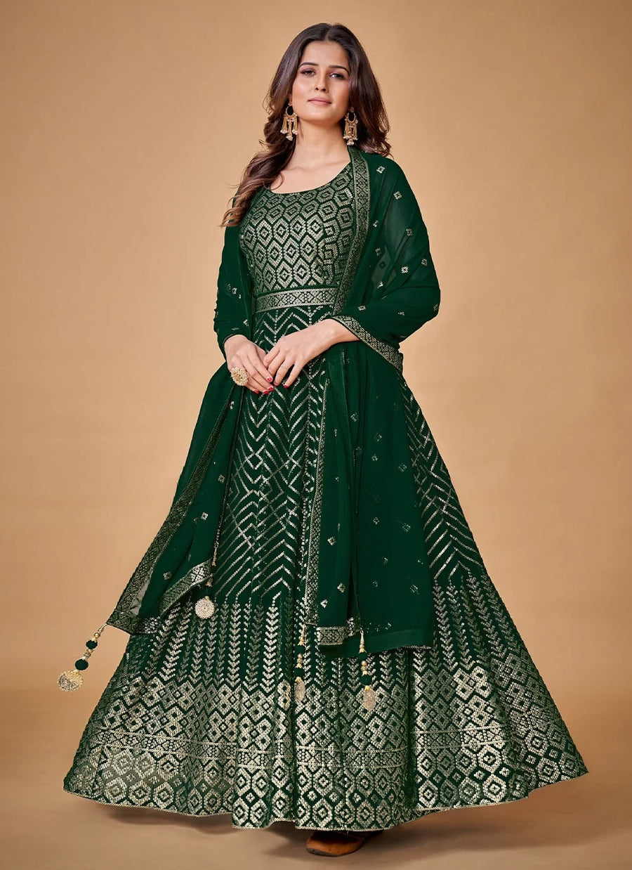 Green Georgette Sequins Work Readymade Gown
