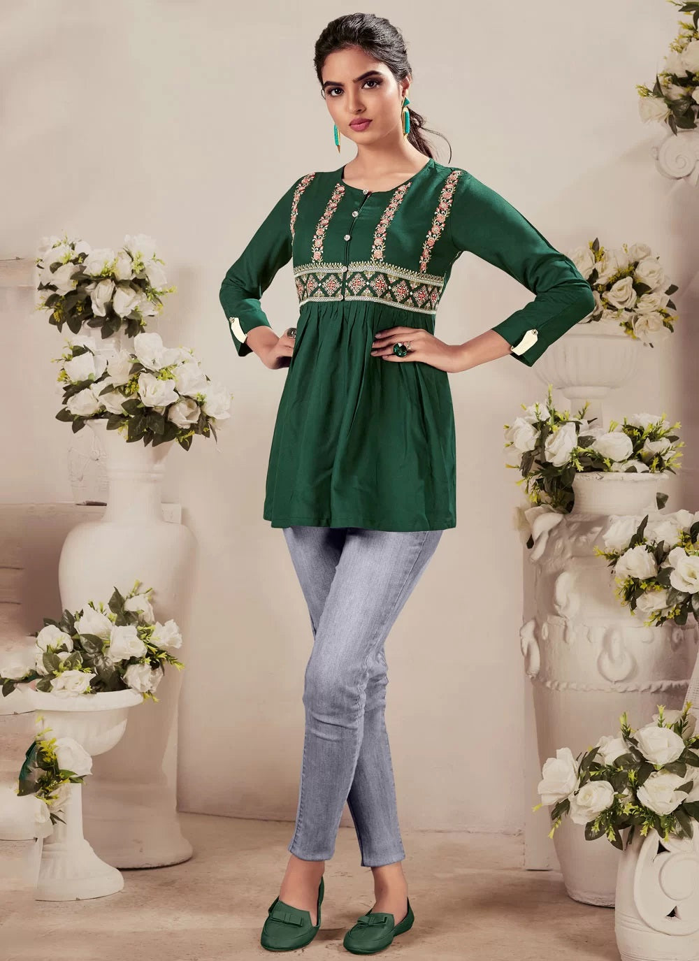 Green Heavy Reyon Embroidered Short Tunic Top For Women