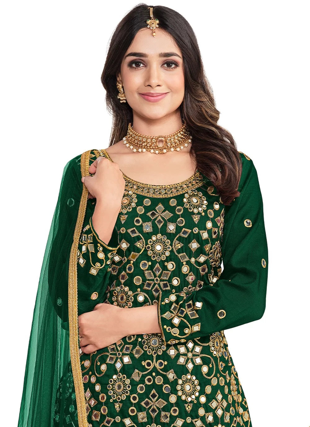 Green Mirror work soft silk Punjabi suit design