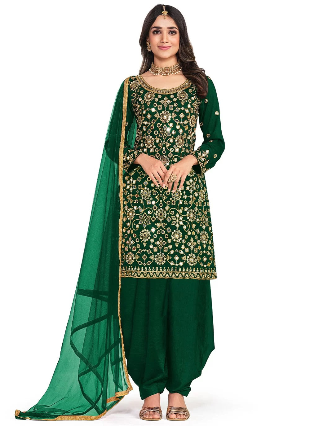 Green Mirror work soft silk Punjabi suit design