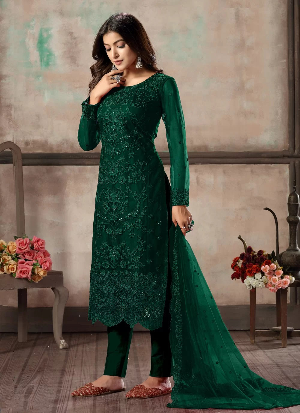 Green Net Embroidered Straight Suit