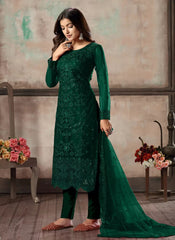 Green Net Embroidered Straight Suit