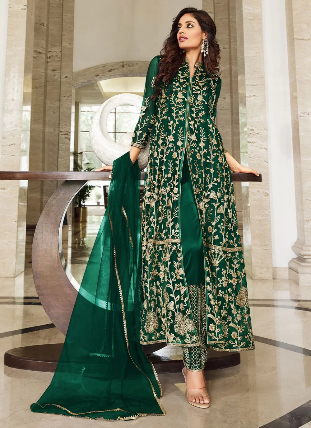 Green Net Sequence Embroidery Slit Style Suit