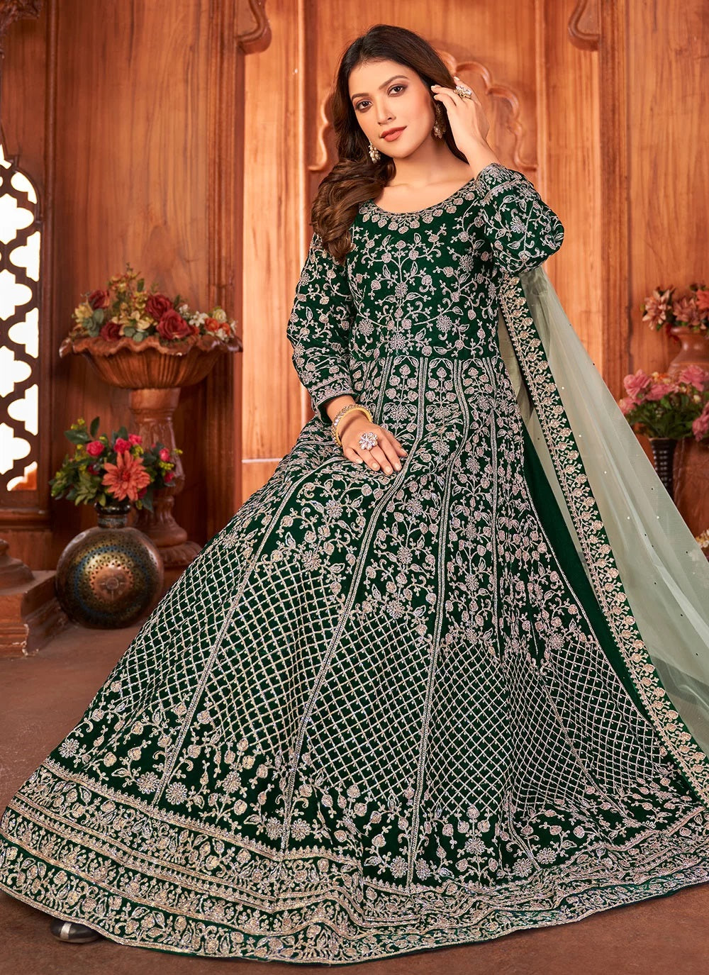 Green Premium Velvet Embroidery Anarkali Suit