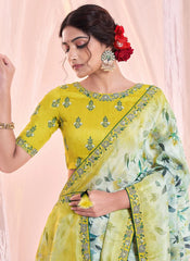Green Printed Embroidered Designer saree