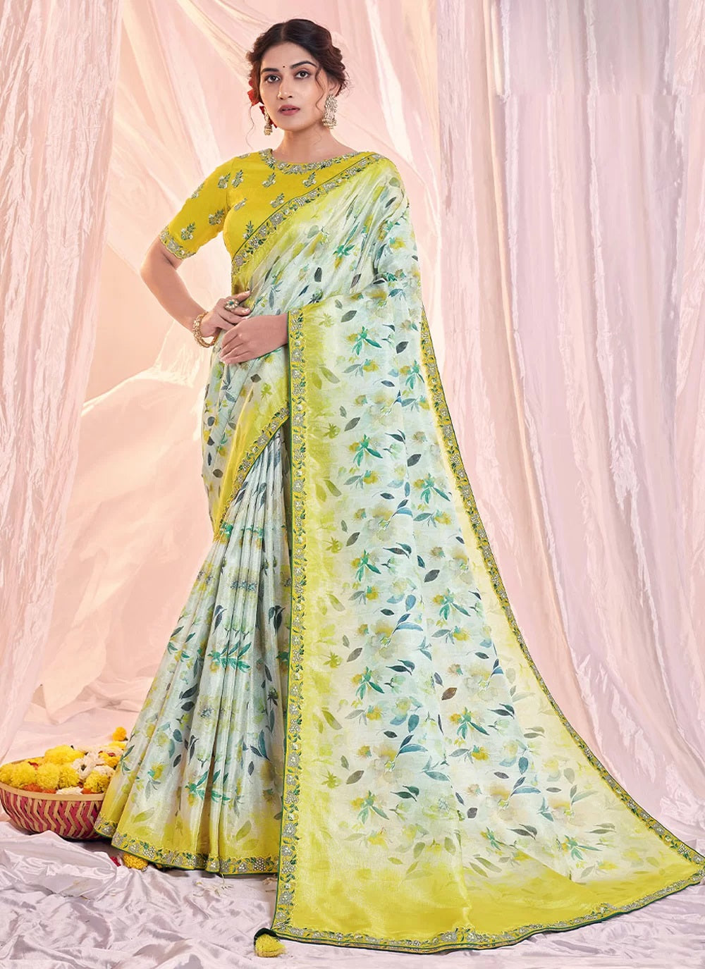 Green Printed Embroidered Designer saree