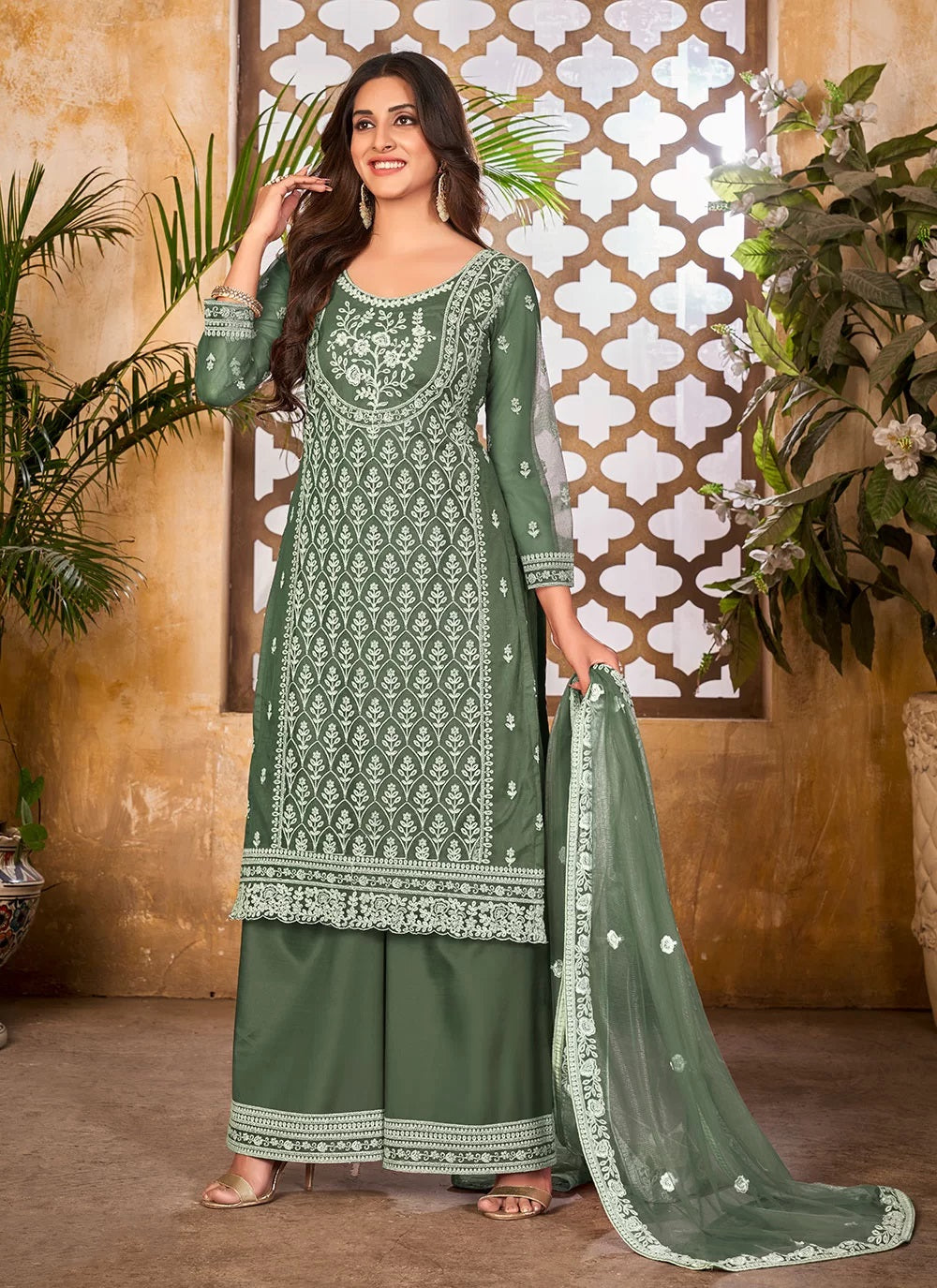 Green Resham Embroidered Palazzo Salwar Suit