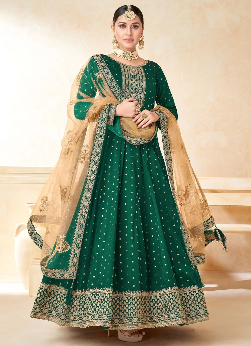 Green Taffeta Embroidered Anarkali Dress