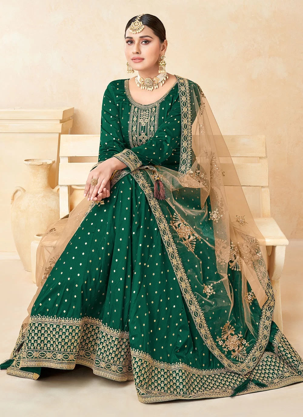 Green Taffeta Embroidered Anarkali Dress