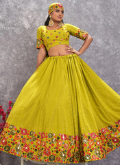 Green Thread with Sequins Embroidered and mirror work Lehenga