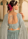 Grey and Teal Blue Heavy Embroidered Silk Lehenga Design