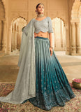 Grey and Teal Blue Heavy Embroidered Silk Lehenga Design