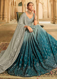 Grey and Teal Blue Heavy Embroidered Silk Lehenga Design