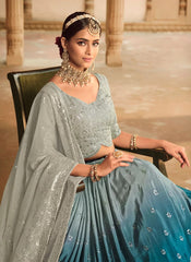 Grey and Teal Blue Heavy Embroidered Silk Lehenga Design