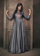 Grey Embroidered Silk Party Gown