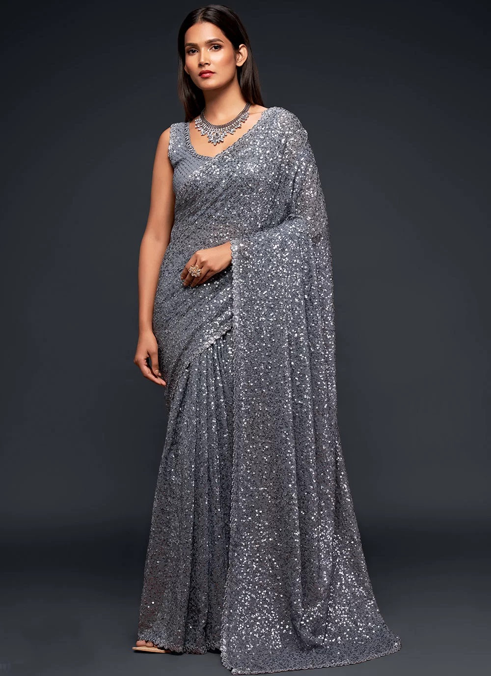 Grey Georegette Sequins Embroidered Trendy saree