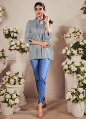 Grey Heavy Reyon Embroidered Tunic Tops For Women