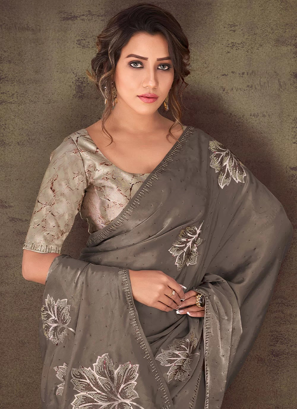 Grey Organza Silk Floral Printed Wedding Wear saree