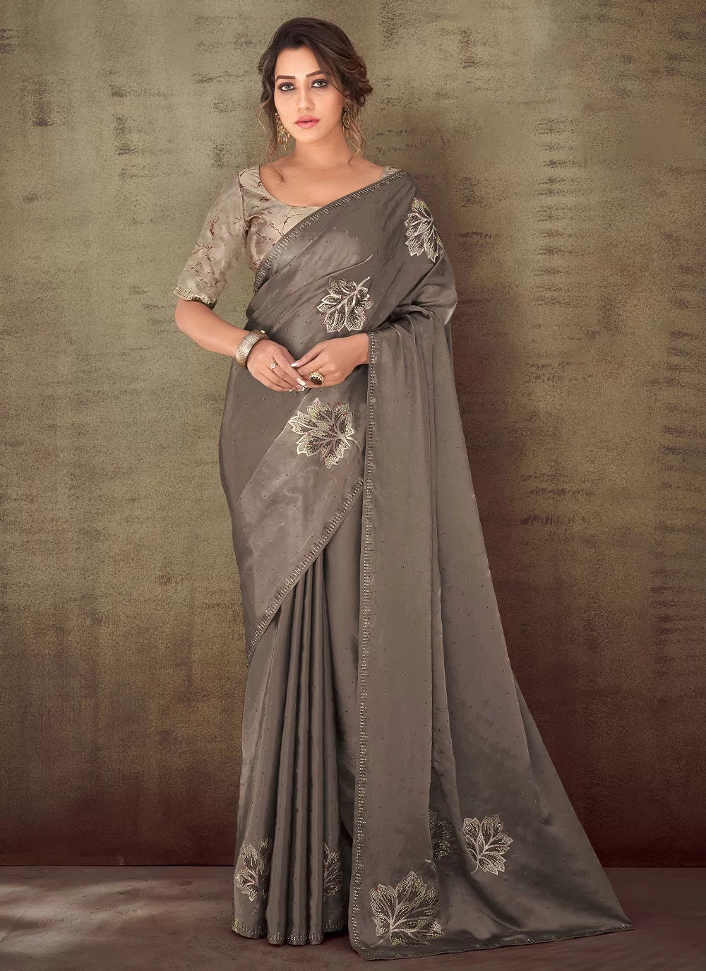 Grey Organza Silk Floral Printed Wedding Wear saree