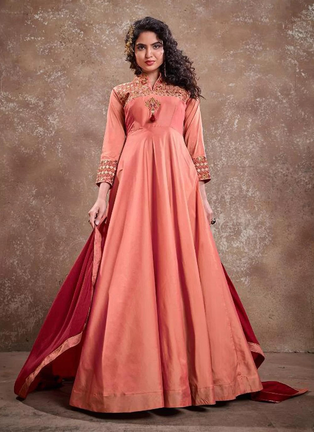 Step Out in Style Embroidered Georgette Salmon Peach Anarkali Suit  LSTV119672