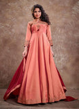 Heavy Embroidered Silk Anarkali Gown With Dupatta In Peach