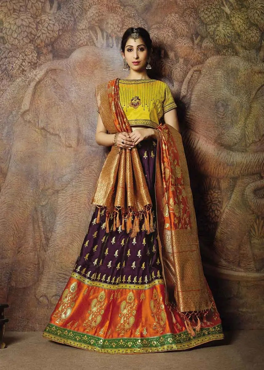 Latest Design Purple Color Weaved Jacquard Silk Lehenga