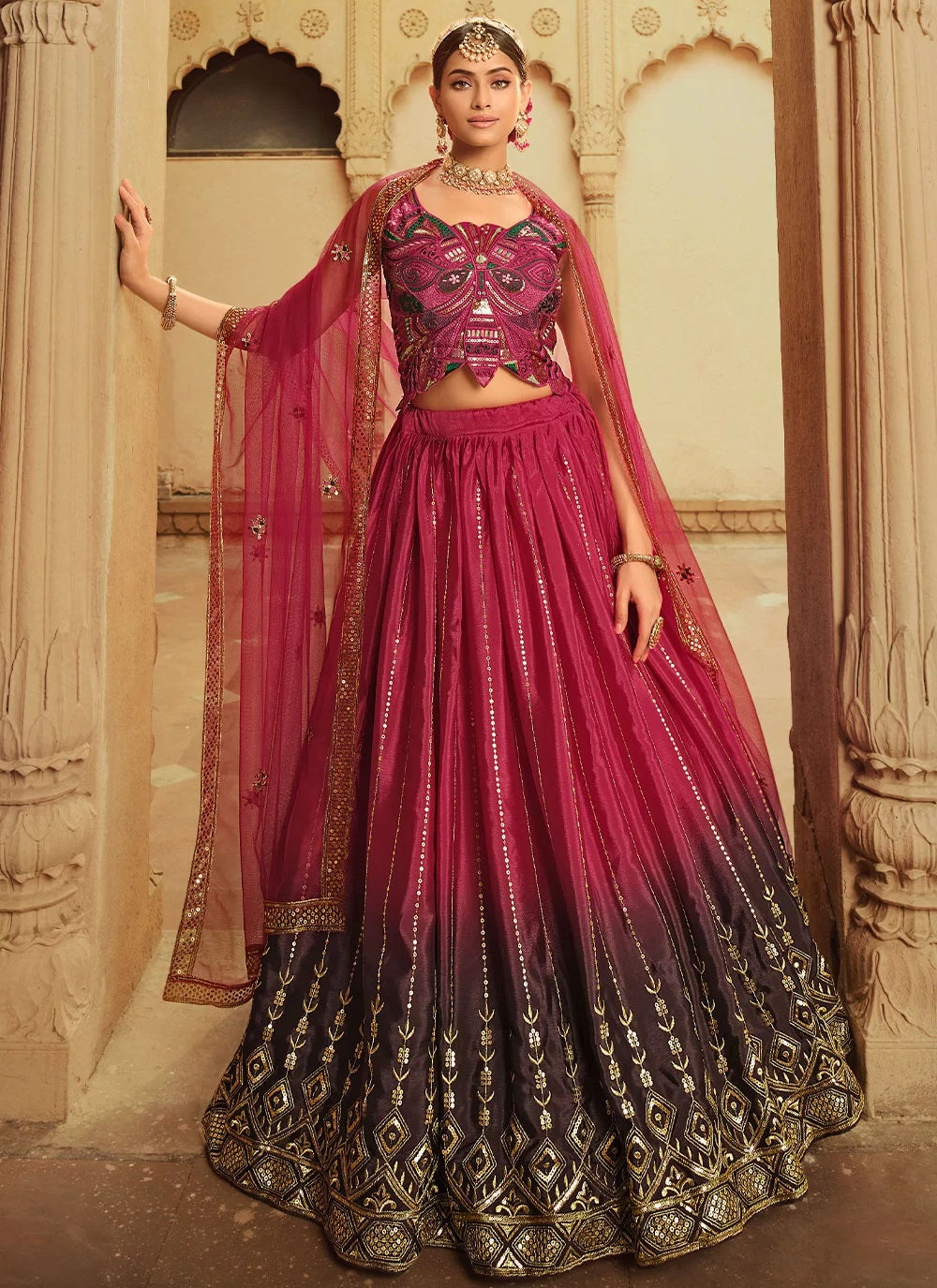 Luxurious Deep pink and purple embroidered lehenga for bride