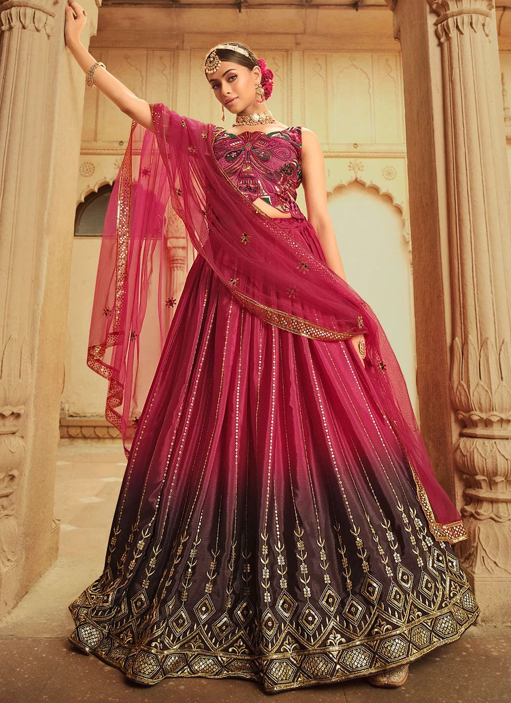 Luxurious Deep pink and purple embroidered lehenga for bride