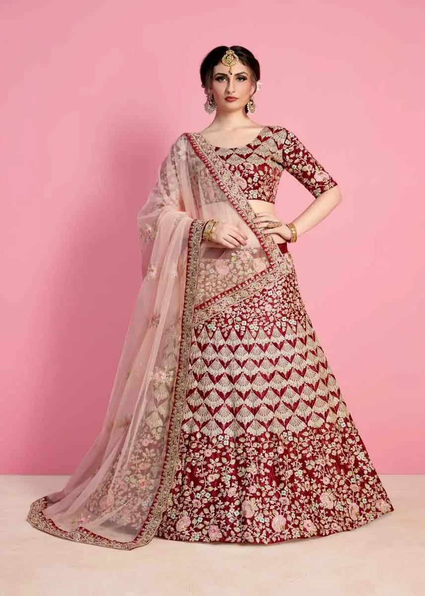 Floral Embroidery Velvet Silk Wedding Wear Lehenga