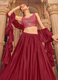 Maroon Chinnon Thread and Mirror Work Layered Lehenga