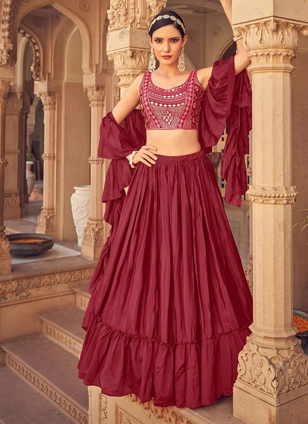 Red and mustard embroidered Lehenga With square neck sleeveless