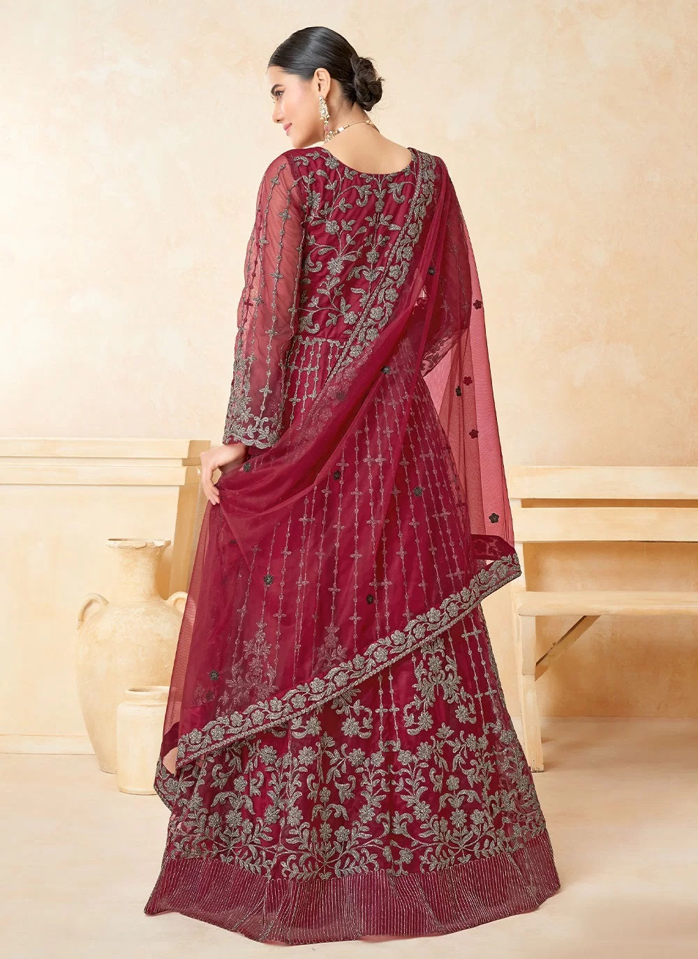 Maroon Color Net Embroidered Anarkali Suit 