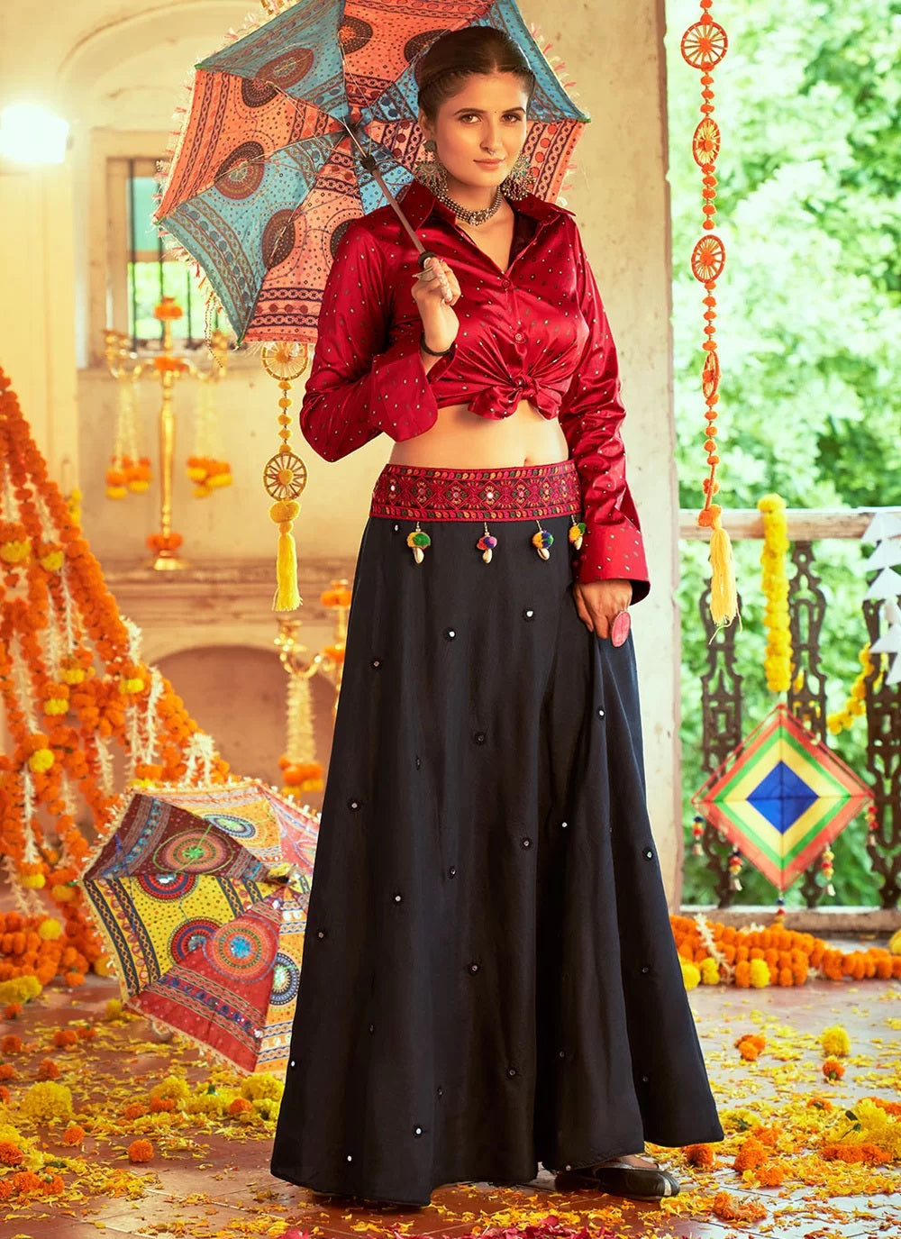 Maroon Gajji Silk Fabric Crop Top Lehenga For Navratri
