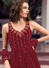 Maroon Georgette Thread and sequins Embroidery Gown