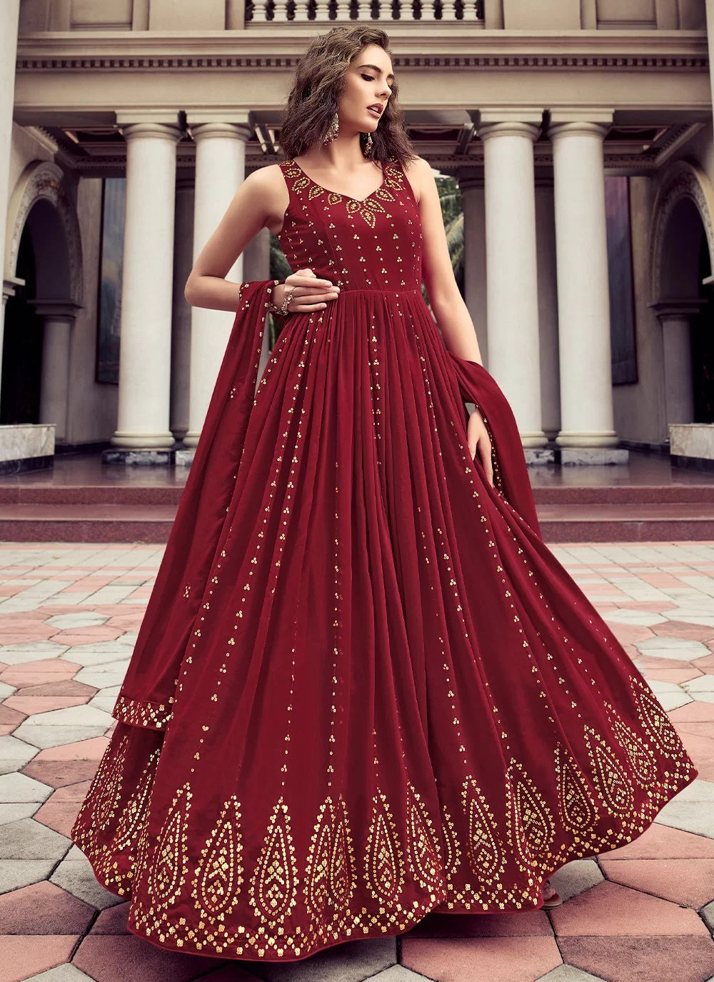 Maroon Georgette Thread and sequins Embroidery Gown