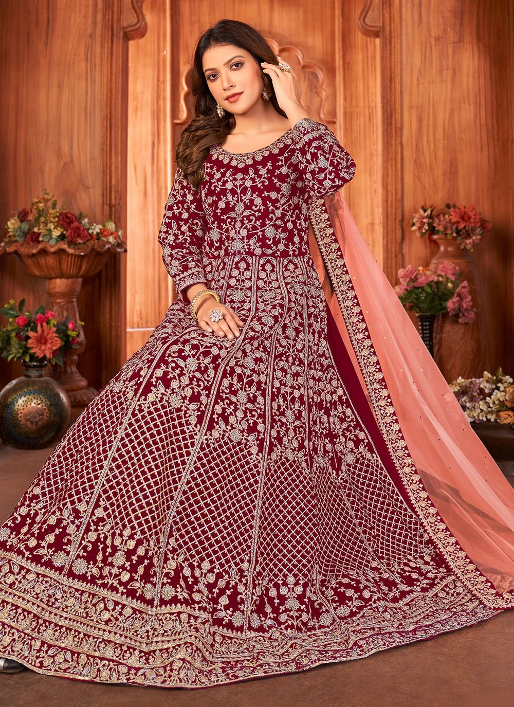 Maroon Heavy Embroidered Velvet Anarkali Dress