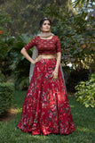 Maroon Print And Foil Work Silk Crepe Lehenga