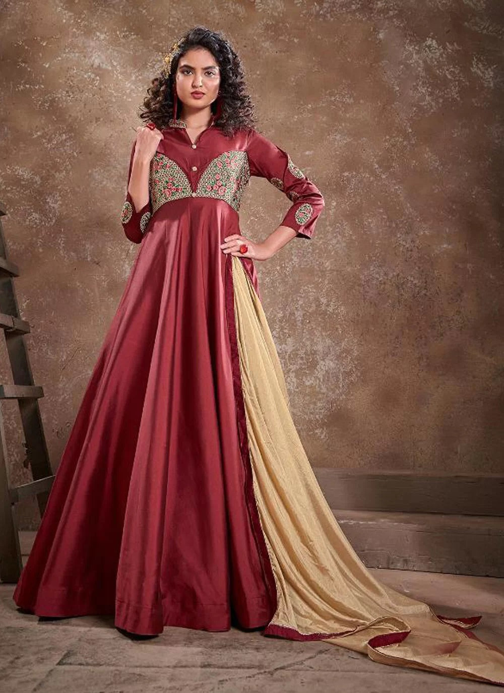 Maroon Triva Silk Embroidery Anarkali Gown